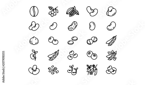 Fotografía Minimal Monoline Beans and Coffee Bean Icons Bundle with Botanical Food Outline
