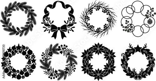 Holiday Wreath Silhouettes Featuring Pine, Holly, Poinsettia, and Decorative Elements for Festive Design Projects