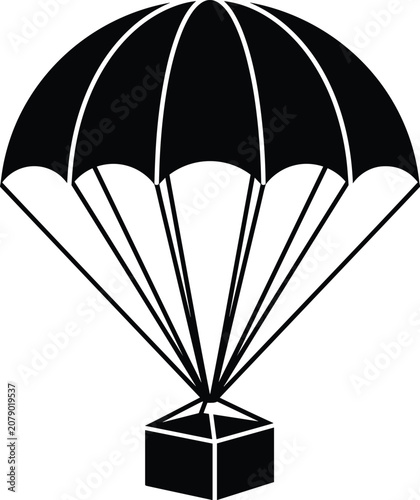 Fotografie Parachute delivery icon, air cargo box symbol, fast shipping package silhouette,