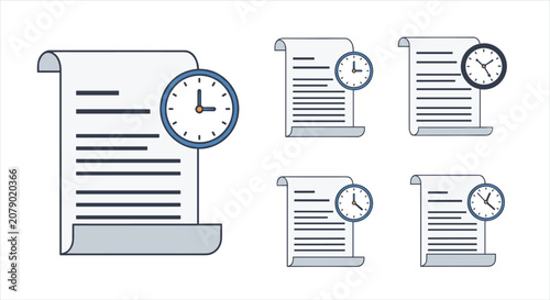 Set of document scroll icons with clocks showing different times to represent processing duration and historical archives.