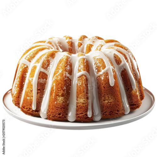 Golden bundt cake with dripping white icing on a white plate isolated on white background