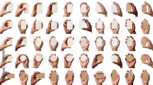 Diverse hands holding blank cards, a collection of human hands presenting various paper shapes, perfect for custom text and branding mockups. Isolated on white for versatile design.