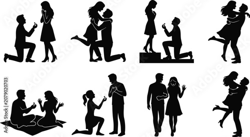 Romantic Couple Proposal Silhouettes Featuring Engagement Ring and Celebration Scenes for Love Design Projects