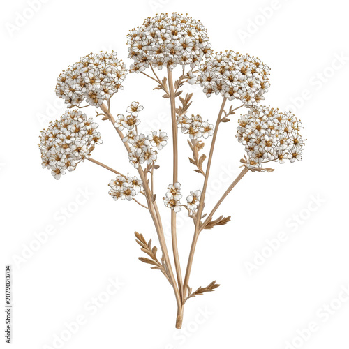 Dried flower arrangement delicate white blooms and brown stems isolated on white background