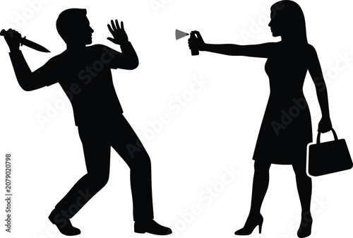 Tableau sur toile Woman defending herself with pepper spray against knife attacker silhouette, sel