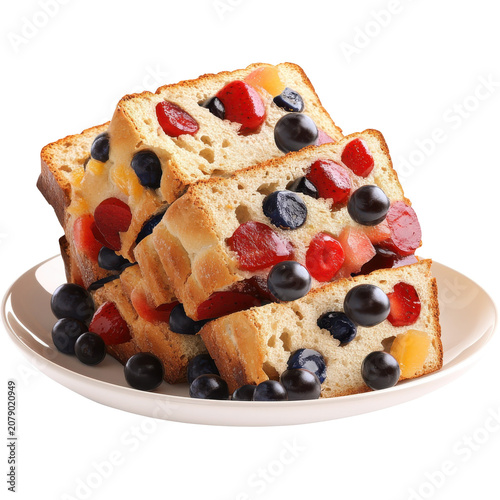 Colorful fruit cake slices on a plate isolated on white background