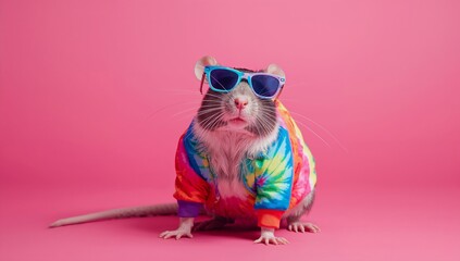 Rat wearing colorful tie-dye jacket and sunglasses poses against a bright pink background, showcasing a playful and whimsical fashion statement for pets