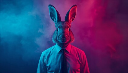Rabbit-headed man in formal attire stands against a vibrant blue and pink smoke background, creating a surreal and imaginative visual effect