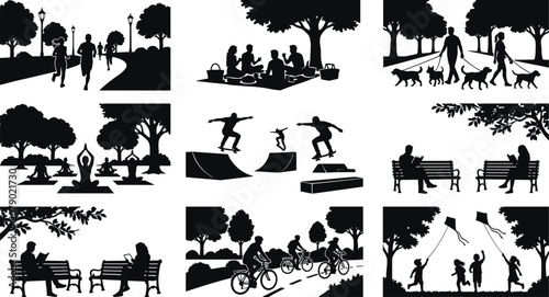 Outdoor Park Activity Silhouettes Featuring Jogging, Cycling, Yoga, and Leisure Scenes for Design Projects