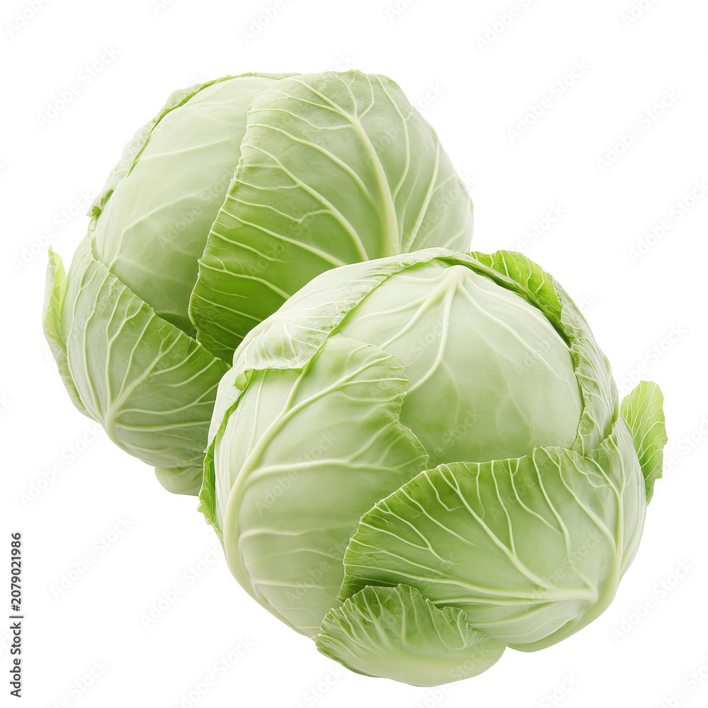 Obraz premium Two fresh green cabbages displaying detailed leaf structures and textures isolated on white background