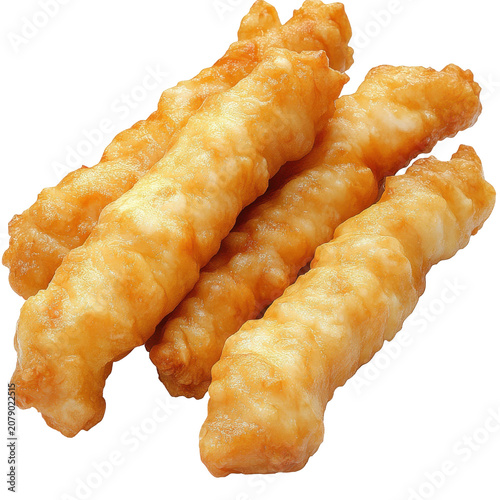 Golden fried pastry sticks close-up of crispy twisted treats isolated on white background