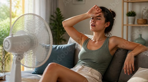 Young woman feeling hot due to the summer heatwave, sits on the sofa while using an electric fan in home.