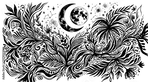 Photos Enchanting Celestial Botanical Illustration: Moon, Stars, and Lush Foliage