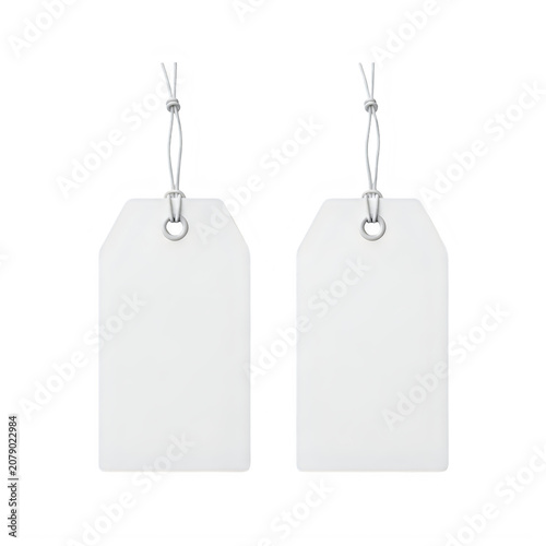 Two empty white tags hanging on strings