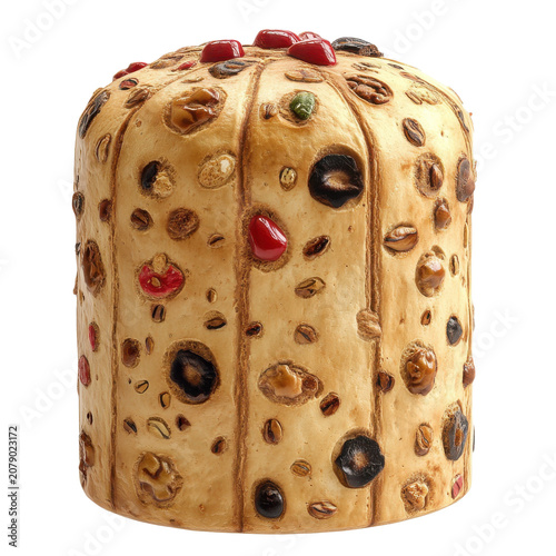 Delicious panettone cake with candied fruits and nuts close-up view isolated on white background