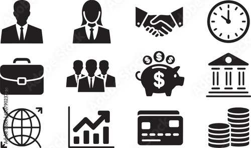 Business and Banking Solid Black Vector Icon Collection