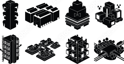 Isometric Architectural Building Icons Featuring Modern Urban Structures and Sustainable Design Concepts