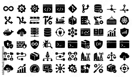 Photography DevOps Glyph Solid Icons Collection with Development Operations CI CD Cloud and