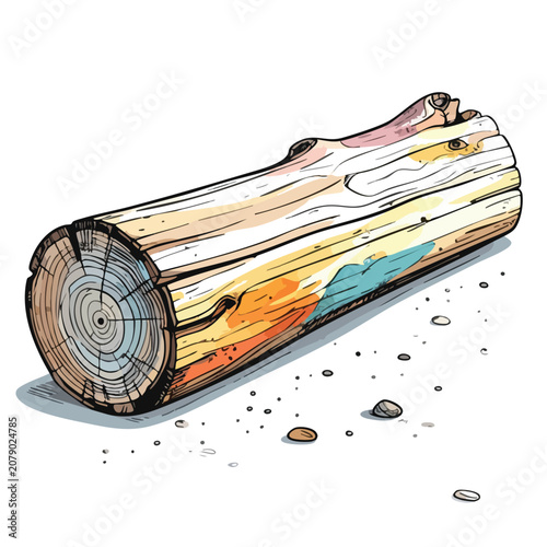 A colorful hand drawn illustration of a wooden log on a white background.