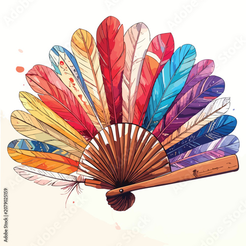 Vibrant Watercolor Fan Decorated with Colorful Feathers.