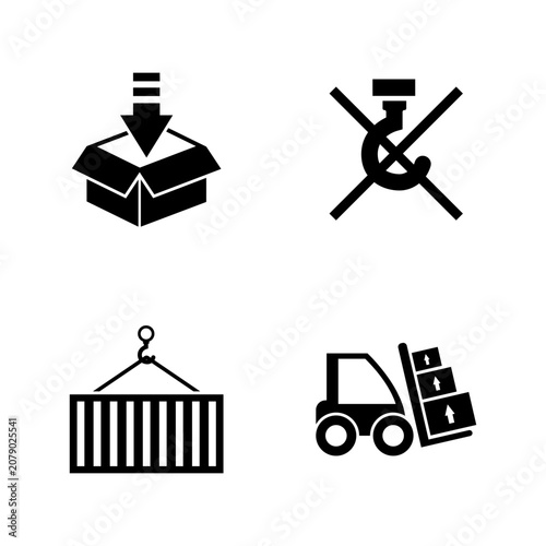 Logistics and shipping icons including forklift, container lift, packing box, and no hook symbol.
