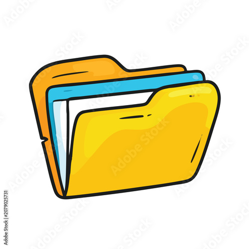 Cartoon yellow file folder with blue and white paper documents inside.