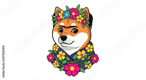 Quadro su tela Shiba inu dog wearing a vibrant flower crown and floral shawl