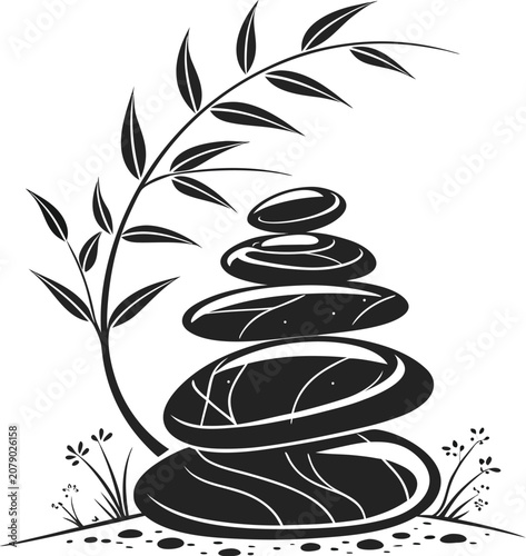 zen stones with bamboo leaves