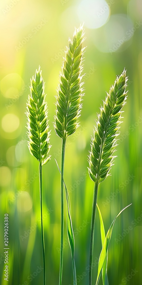 Fototapeta premium Fresh Green Wheat or Grass Ears Against A Softly Blurring Background With Natural Bokeh Sunny Tone