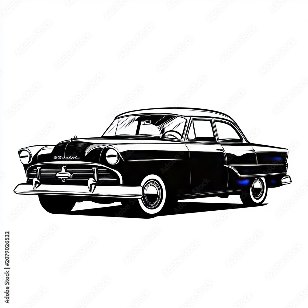 Naklejka premium Black outline illustration of a classic retro vintage sedan car isolated on a pure white background.