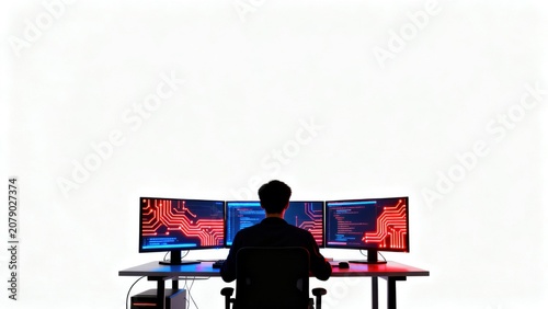 Person working at a desk with multiple monitors