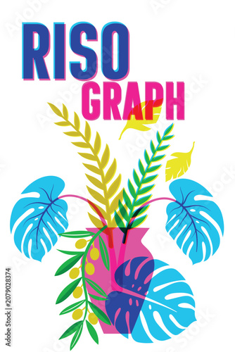 Risograph Tropical Plant Vase Poster