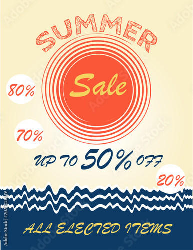 Summer sale flyer in a trendy flat design. Summer banner template featuring a seaside beach and beach holiday elements. Vector illustration. Summer sale card template.
