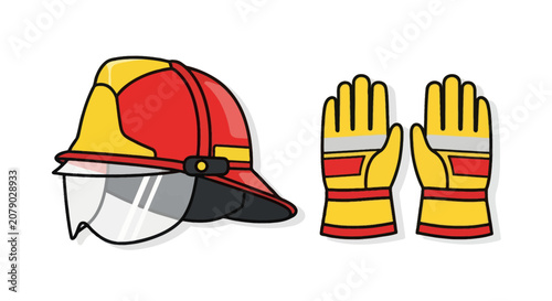 Cuadro en lienzo Firefighter helmet and protective gloves set