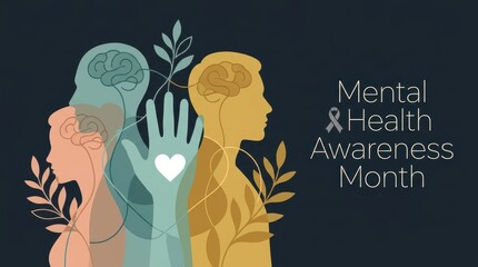 World Mental Health Day Mental health awareness month design with human profiles and interconnected lines for psychological wellness and support