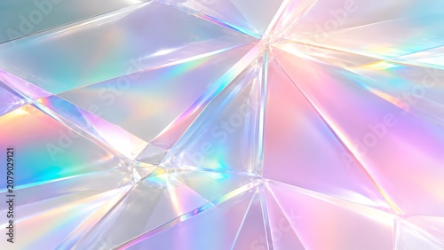 Abstract holographic background with geometric crystal shapes and light reflections