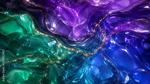 Abstract liquid texture with vibrant green blue and purple paint colors swirling together