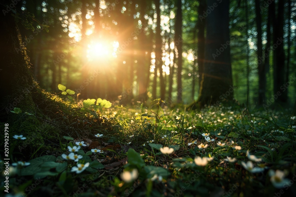 Obraz premium Forest clearing green forest sunlight sunbeam tree trunk woodland grass flower moss nature