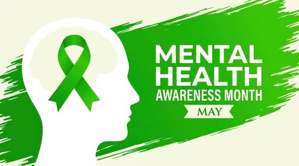 World Mental Health Day Mental health awareness month banner with green ribbon and human head silhouette containing brain icon on brush stroke background