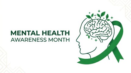 World Mental Health Day Mental health awareness month banner featuring human head outline with growing leaves from brain and green ribbon for wellness support