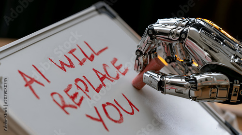 Robotic hand writing text on a whiteboard about artificial intelligence replacing human jobs in the modern professional workplace environment using red chalk for dramatic effect
