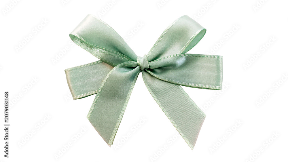 Fototapeta premium Elegant pastel green satin fabric ribbon bow decoration item isolated on transparent background