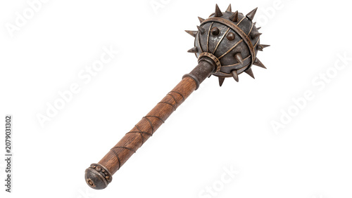 Tableau sur toile Medieval medieval iron mace weapon with sharp spikes on wood isolated on transpa