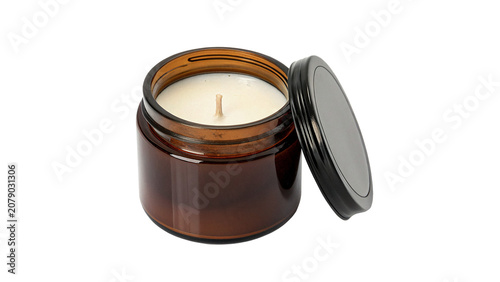 Obraz na plátně Cozy scented wax candle in brown glass jar isolated on a transparent background