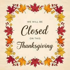Happy Thanksgiving Vintage style announcement card for business holiday closure featuring a decorative border of colorful fall leaves and berries
