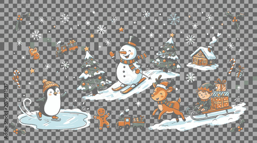 Snowman and penguin winter friends scene.