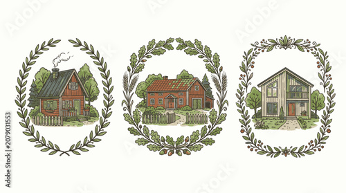 Three houses with laurel wreaths around.