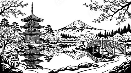Traditional Japanese Pagoda Tower Architecture.