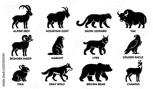 Foto Alpine Mountain Wildlife Icon Set with Snow Leopard, Gray Wolf, Brown Bear, Ibex
