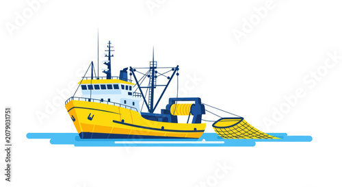 Tableau sur toile Yellow commercial fishing trawler with net on blue water surface